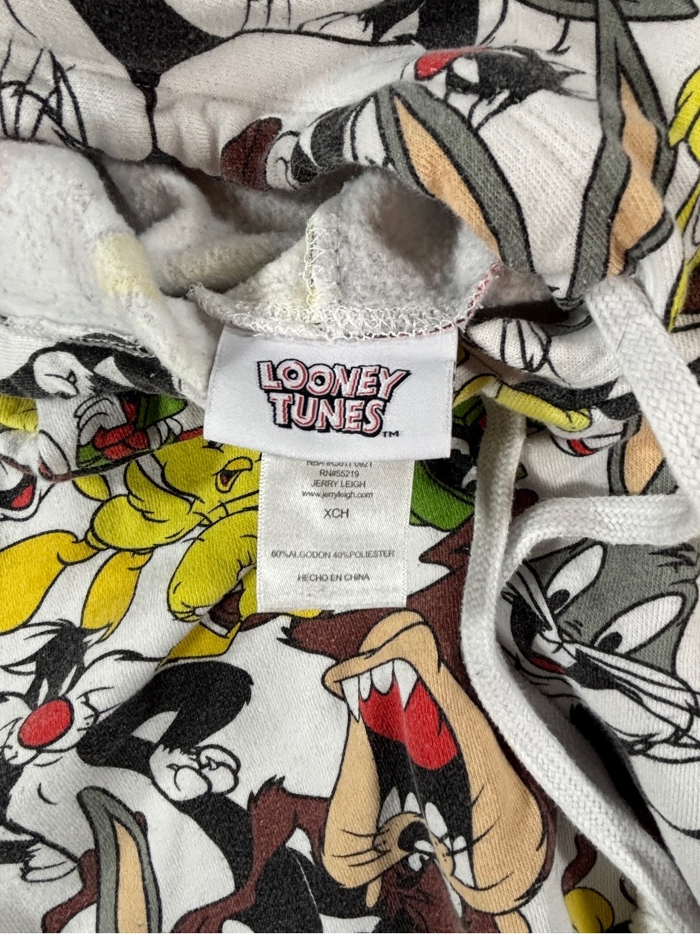 Looney Tunes Hoodie XS All Over Print Bugs Bunny Tweety Taz Fleece Y2K Pullover - Picture 7 of 9